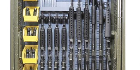 SecureIt Weapon Rack Upgrade; existing weapon cabinet with Retrofit CradleGrid; 10 m9 sidearms in 5 lage bins, 4 M4s, 4 M16s, 2 shotguns and magazine tray