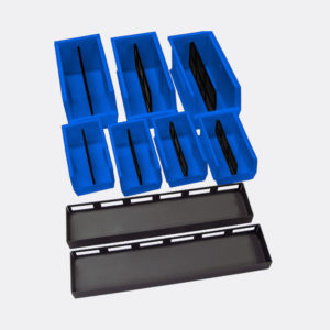 blue storage bin and metal tray kit