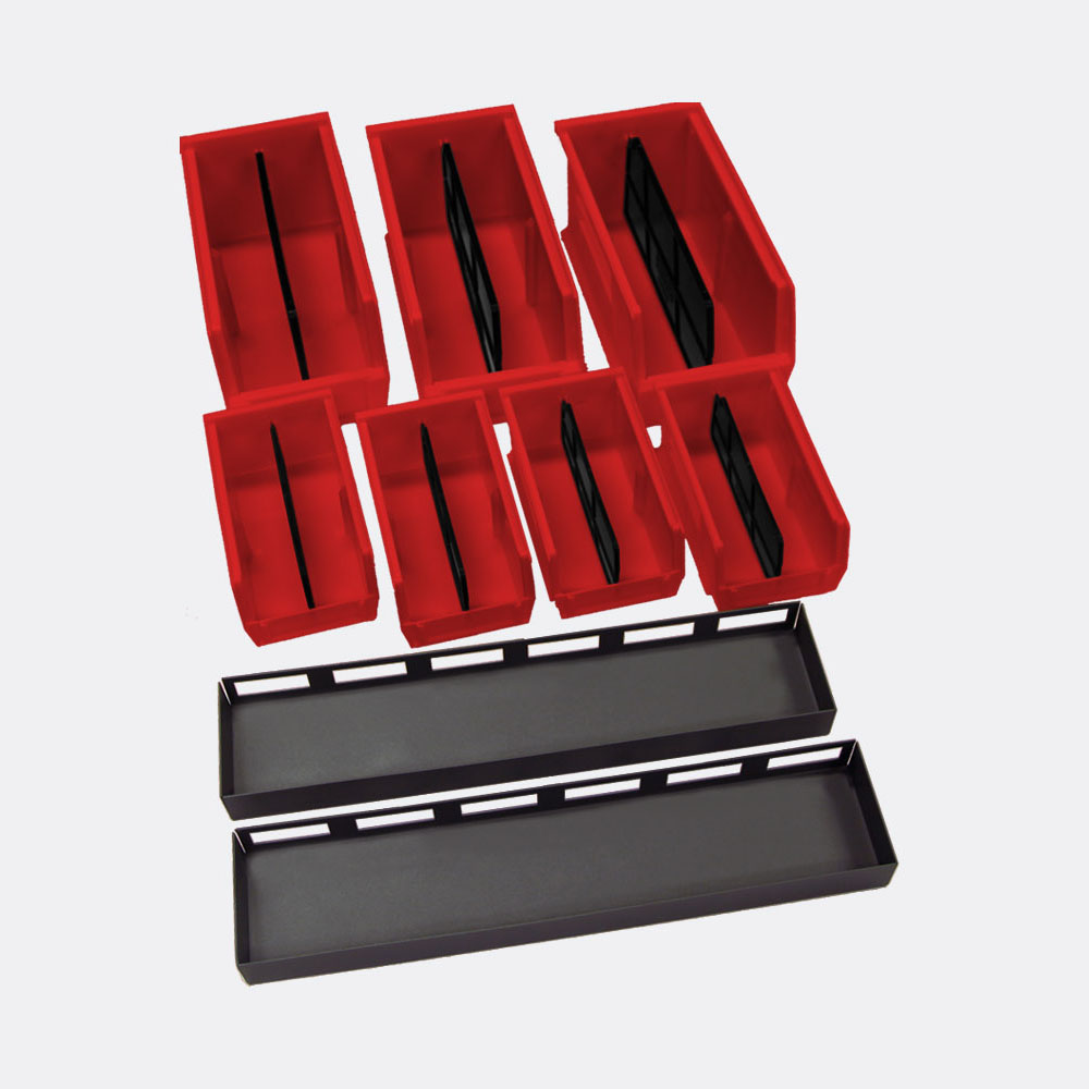 red storage bin and metal tray kit
