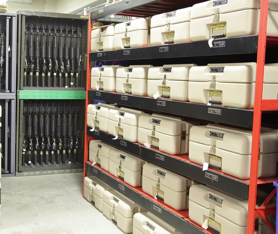 weapon and gear storage at military armory