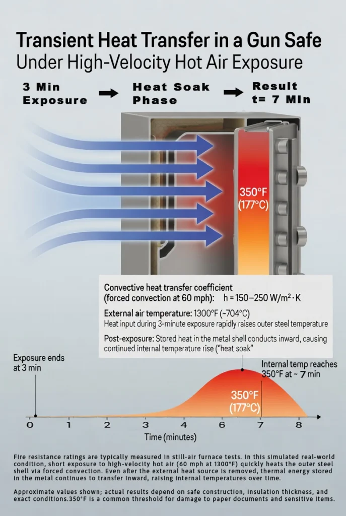 info graphic showing a gun safe exposed to convective heat for 3 minutes still fails the test