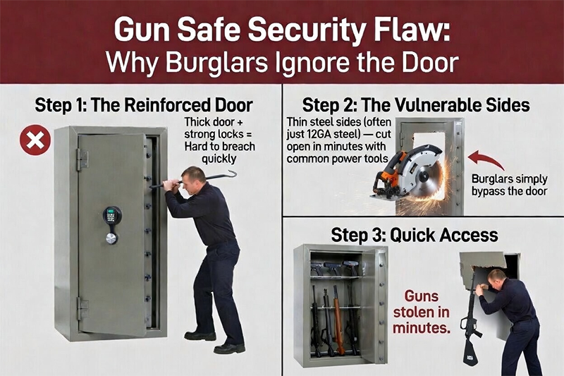 info graphic showing how burglars ignore doors and cut the side open on a safe
